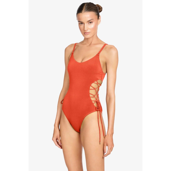 NEW Robin Piccone Aubrey Lace Up One Piece Swimsuit Persimmon Size 6-Retail $188 - Picture 1 of 5